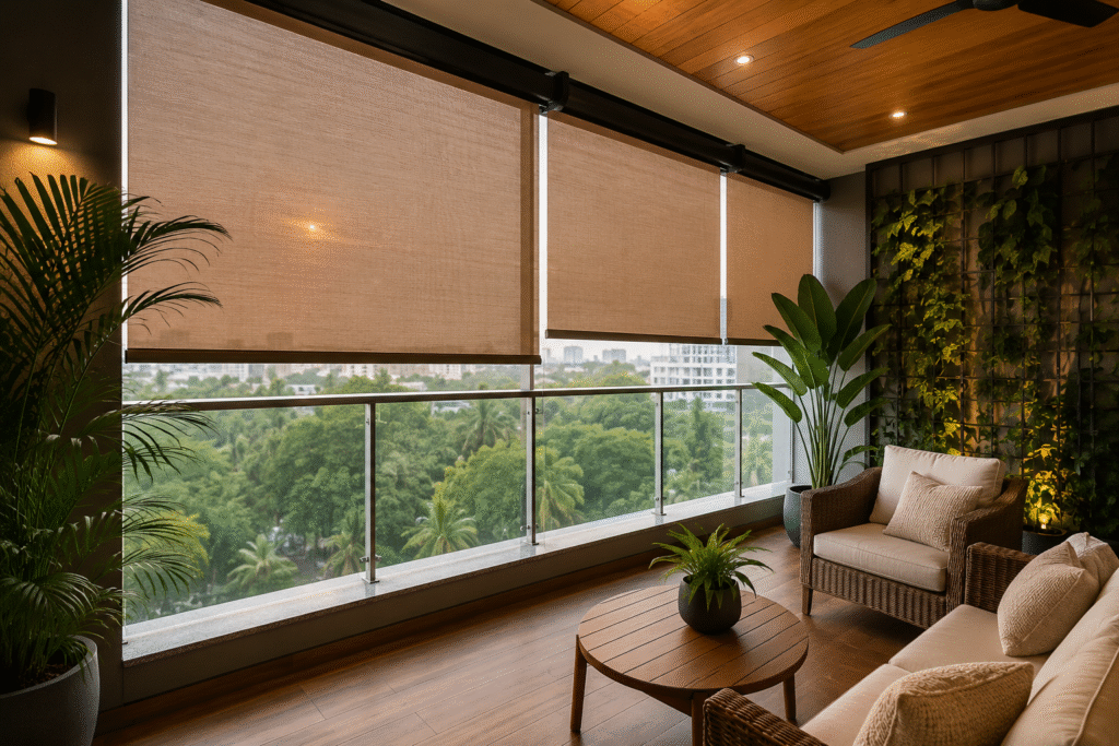 Motorized Blinds for Balcony creating a stylish, private, and comfortable modern outdoor living space