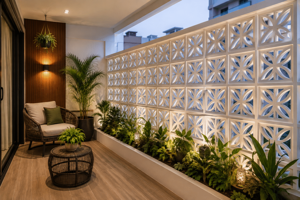 White Terracotta Jali privacy wall installed in a modern balcony and terrace outdoor space in Hyderabad.
