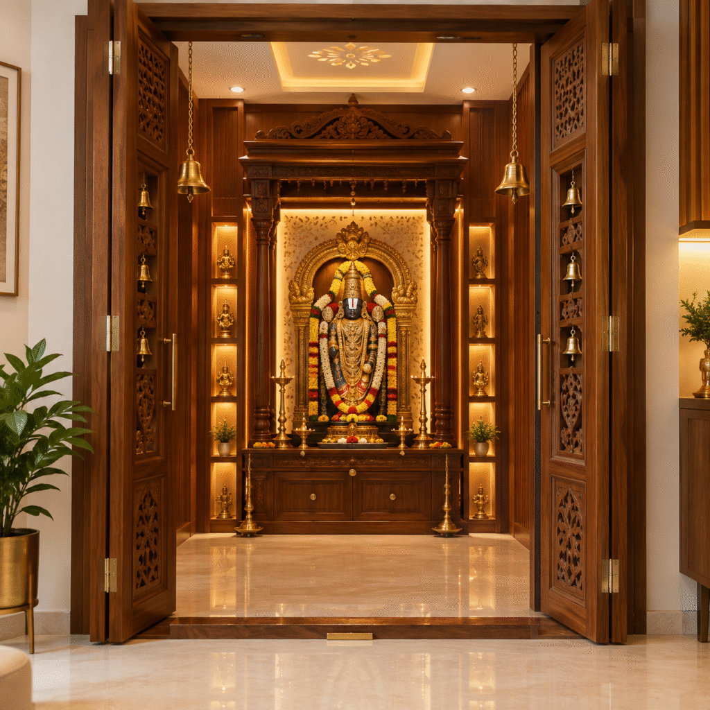 Wooden Pooja Room Design Hyderabad featuring a Balaji Mandir, wooden folding doors, brass bells, and illuminated deity niches