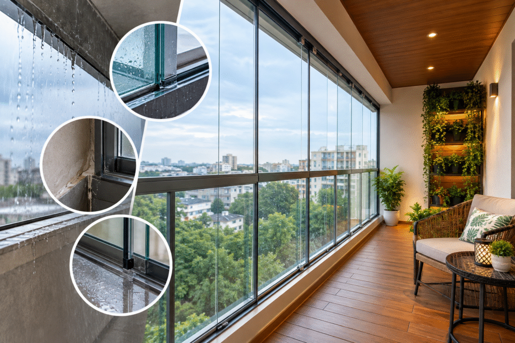 Balcony Glazing Water Leakage Hyderabad showing properly sealed sliding glass installation