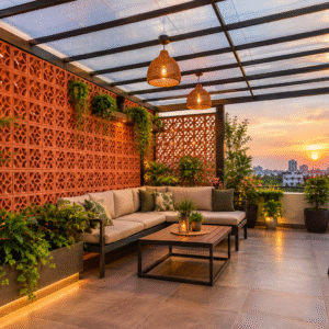 Terracotta Jali Pergola Hyderabad with metal framework and transparent terrace roofing
