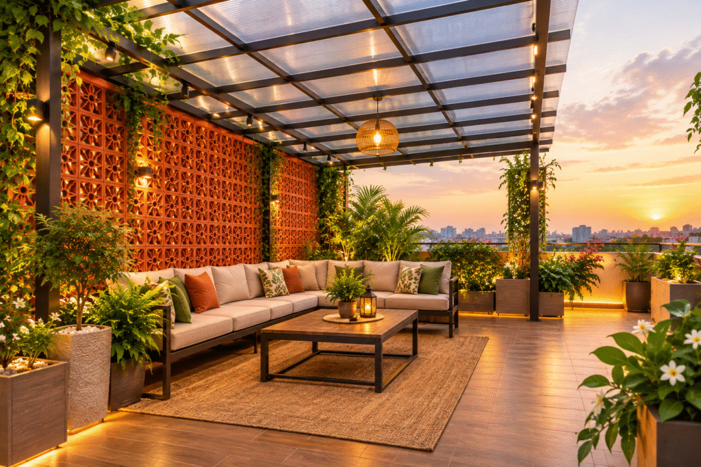 Terrace Pergola Design Hyderabad with Terracotta Jali, metal framework and polycarbonate roofing