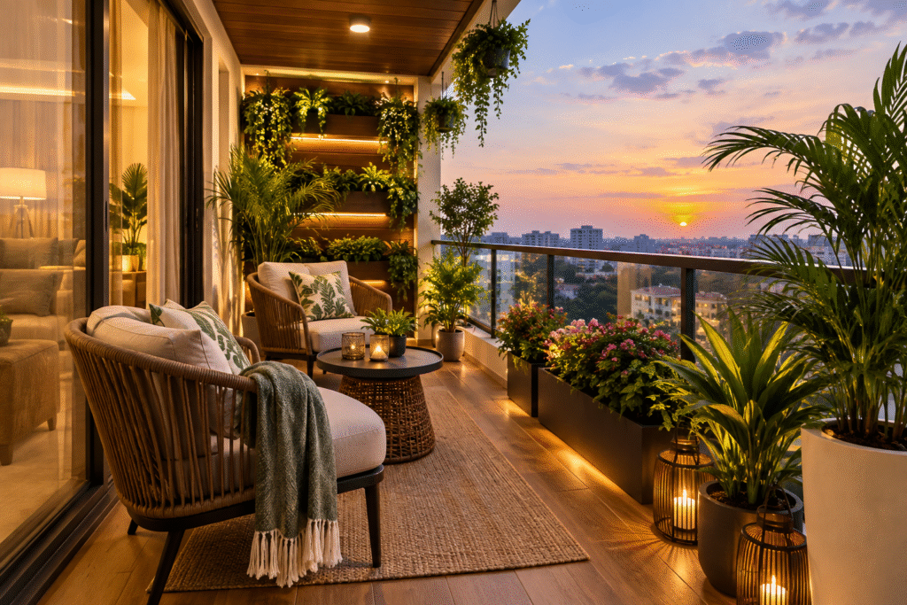 Luxury Balcony Design Hyderabad with modern seating, greenery, premium décor and outdoor styling