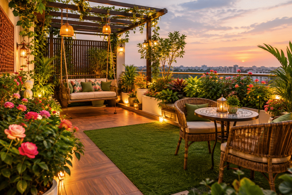 Vintage Terrace Garden Design Hyderabad with lush greenery, custom planters, outdoor seating, and a cozy swing