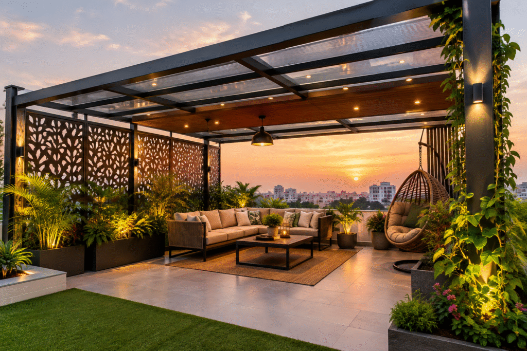Custom Metal Pergola Hyderabad with modern terrace roofing, outdoor seating, and greenery
