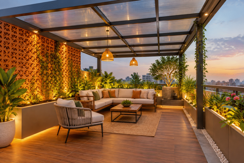 Custom Terrace Canopy Hyderabad with metal framework, polycarbonate roofing, outdoor seating, and greenery