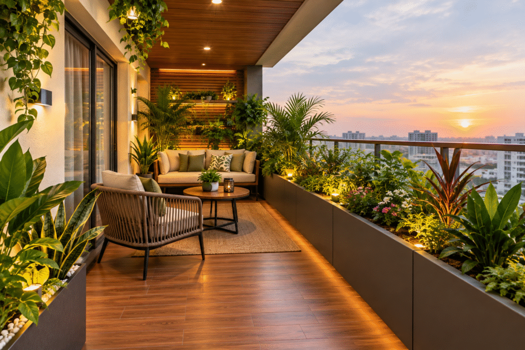 Long Planter Boxes Hyderabad with fresh greenery on a modern balcony terrace