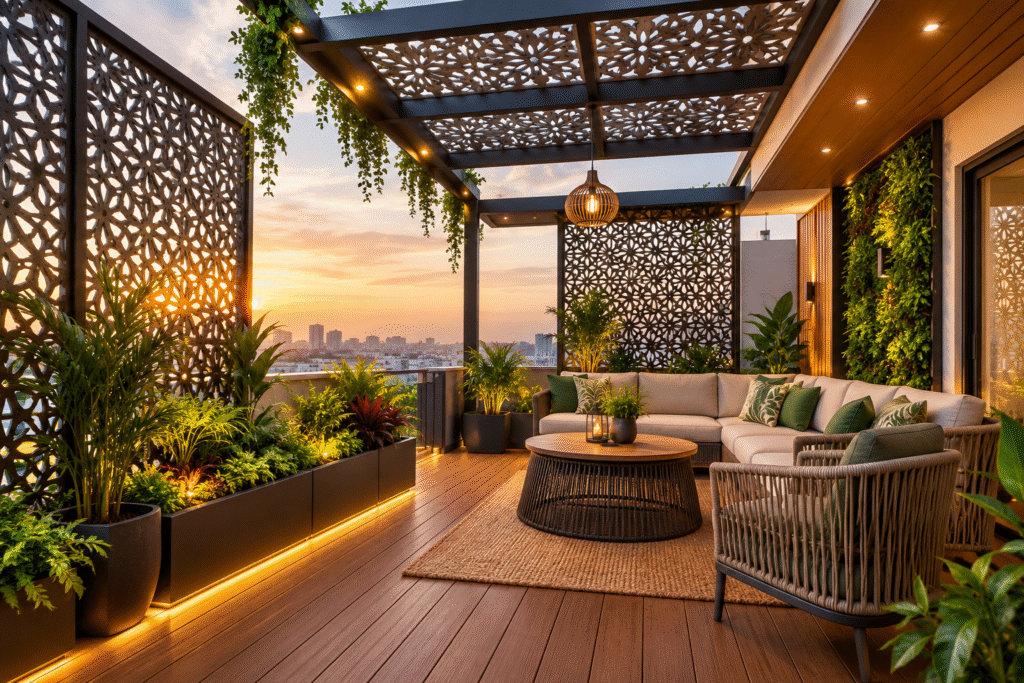 CNC Jali Design Hyderabad featuring a modern laser-cut privacy screen on a stylish balcony