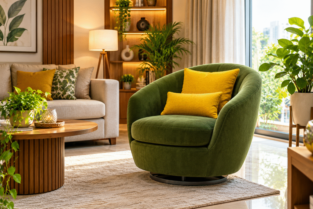Green Swivel Accent Chair Hyderabad styled with yellow cushions in a modern living room