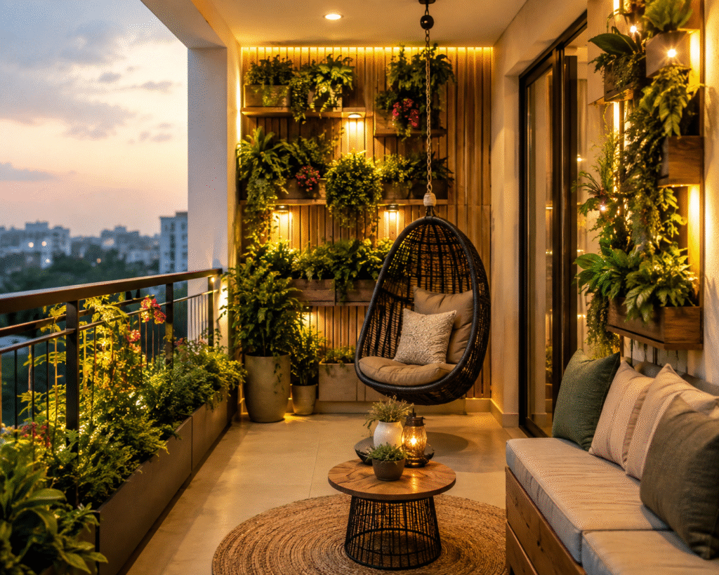 Small Balcony Design Hyderabad featuring vertical greenery, custom planters, compact seating, and stylish outdoor décor