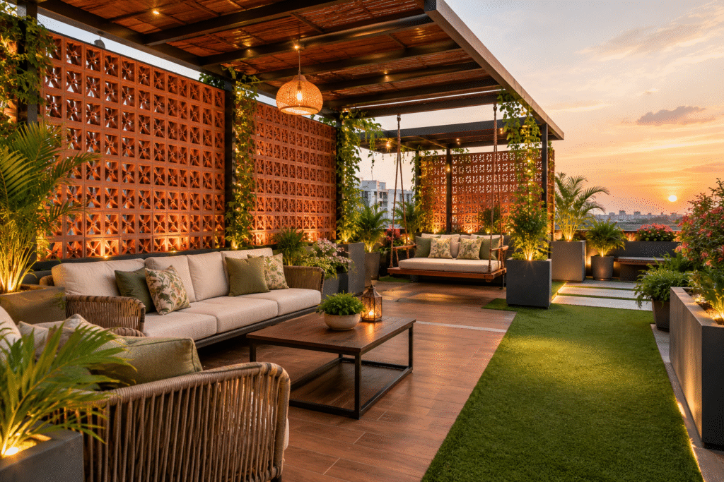 Terracotta Jali Terrace Design Hyderabad featuring terracotta privacy tiles, metal framework, greenery, and outdoor seating