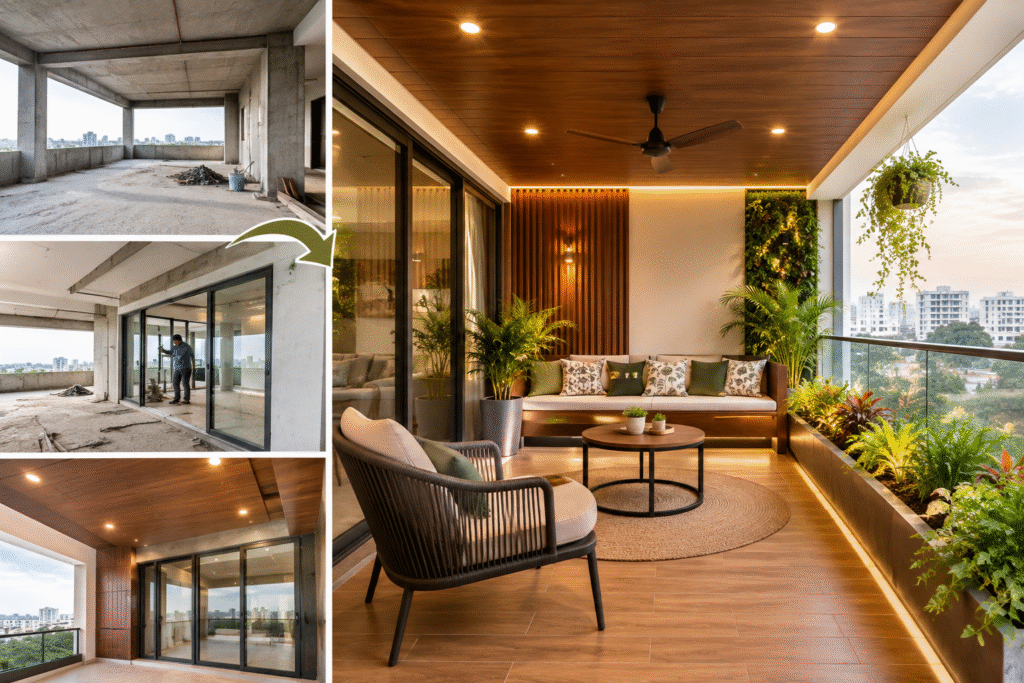 Balcony & Home Transformation Hyderabad showing a modern balcony with custom woodwork and glass sliding doors