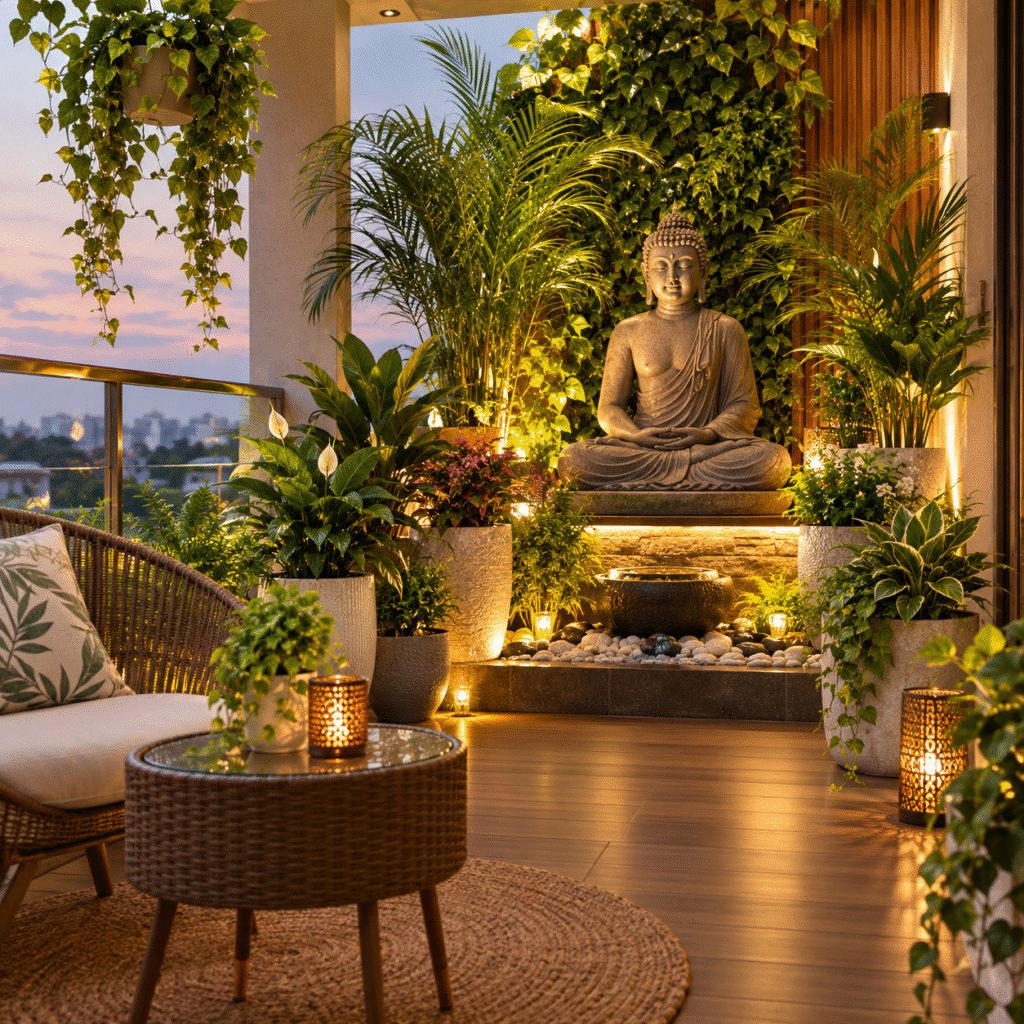 Buddha Garden Decor Hyderabad featuring a peaceful Buddha statue surrounded by lush green plants