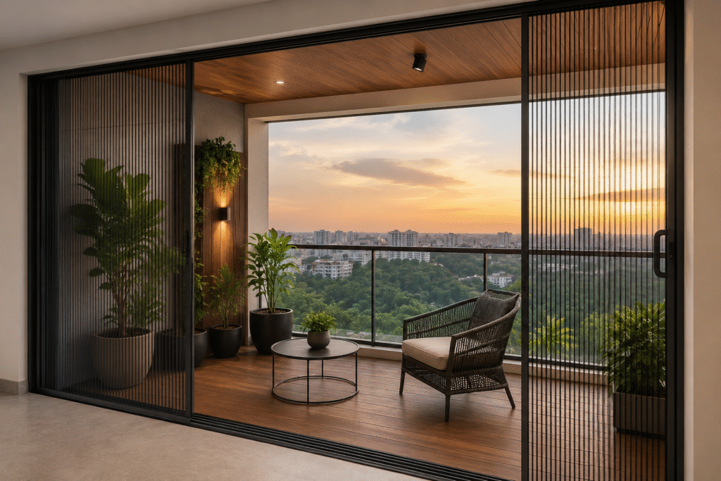 Pleated Mosquito Mesh Hyderabad installed on a modern balcony with large glass panels, greenery, and stylish outdoor seating