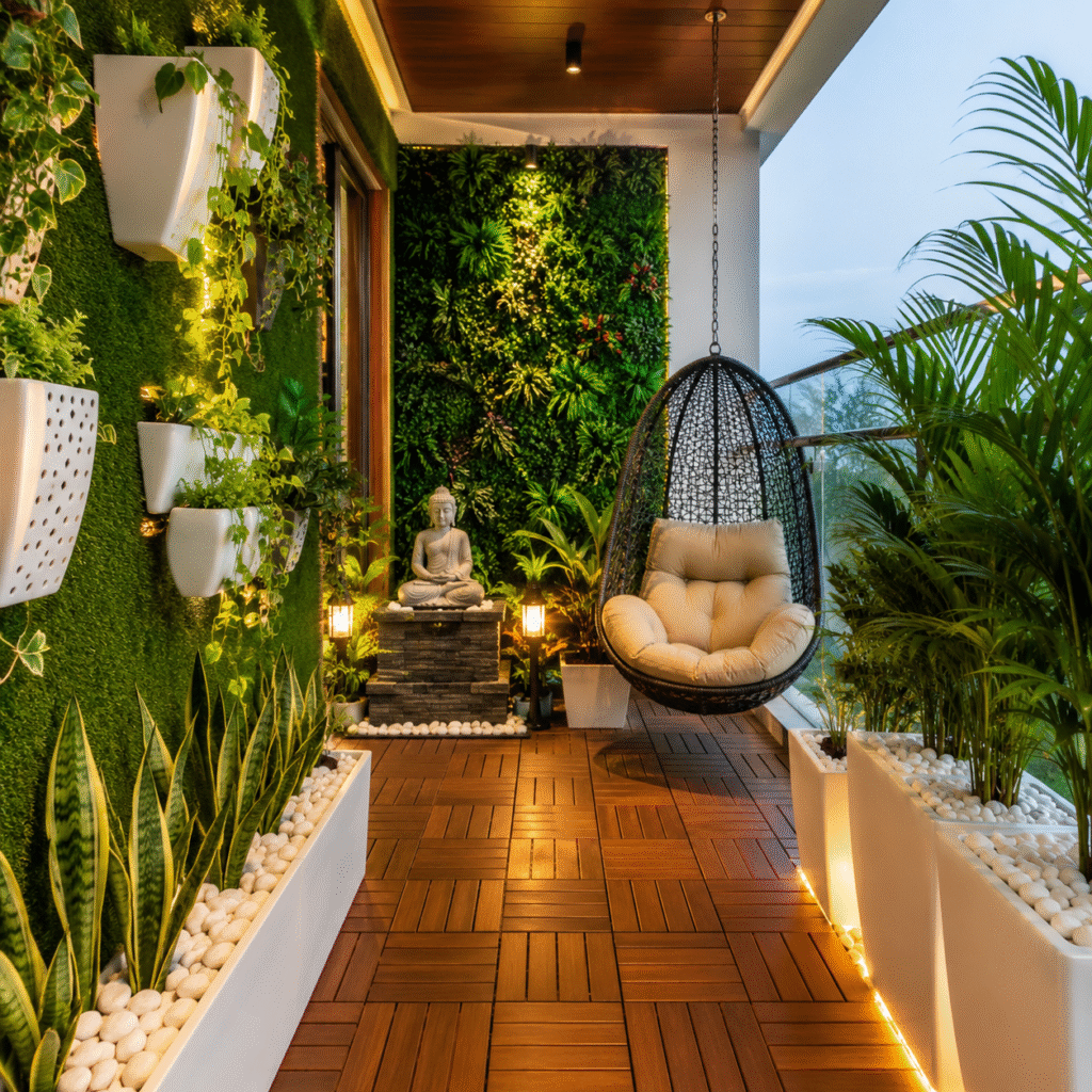 Green Balcony Ideas Hyderabad featuring a vertical green wall, custom planters, wooden flooring, swing, and Buddha décor