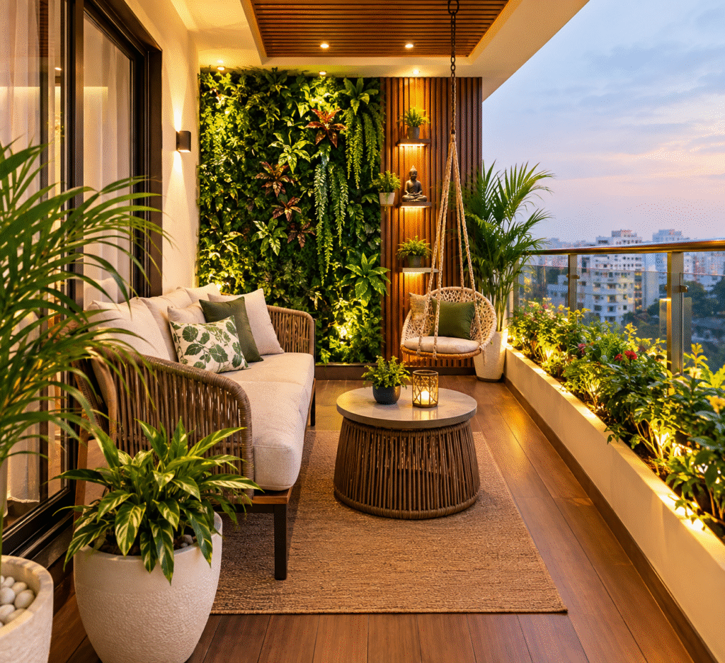Luxury Balcony Makeover Hyderabad with vertical greenery, custom planters, wooden flooring, and comfortable outdoor seating