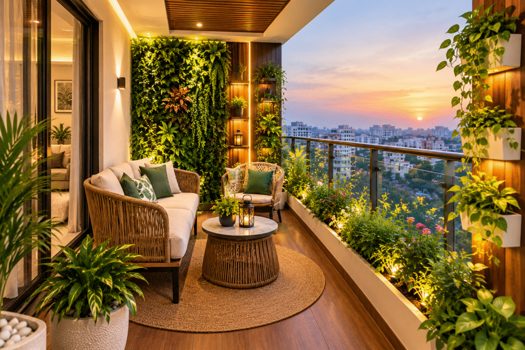 Modern Balcony Renovation Hyderabad with greenery, custom planters, wooden flooring, and comfortable seating
