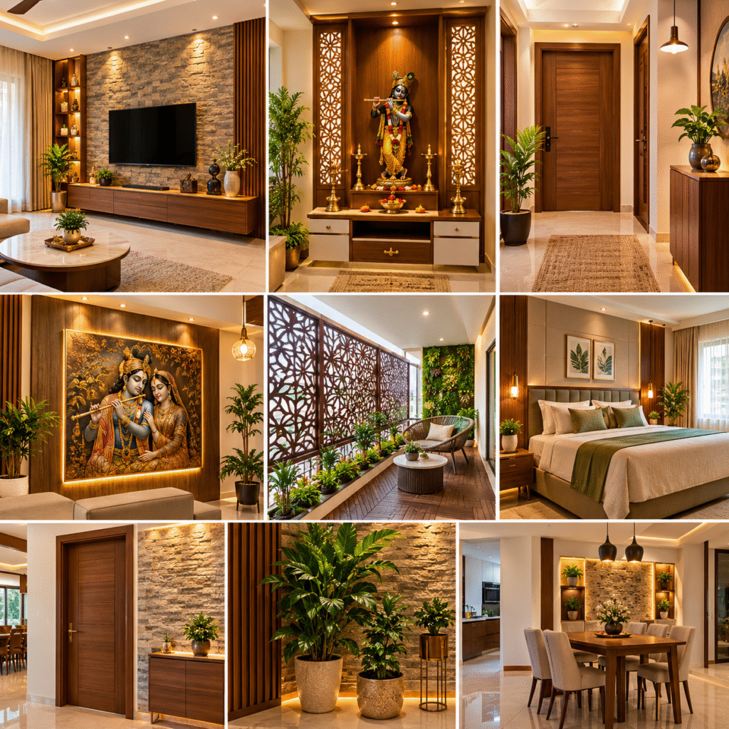 Home Interior Design Hyderabad featuring wooden doors, Krishna décor, stone-textured walls, indoor greenery, and Radha-Krishna wall art