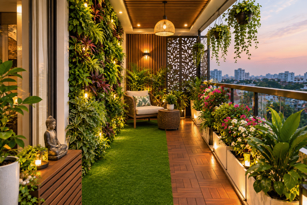 Vertical Garden Balcony Design Hyderabad with lush green wall, custom planters, compact seating, and modern balcony décor