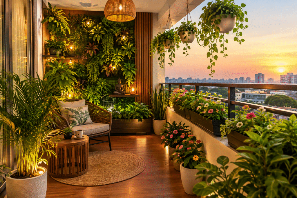 Balcony Garden Design Hyderabad featuring lush greenery, custom planters, vertical plants, and comfortable outdoor seating