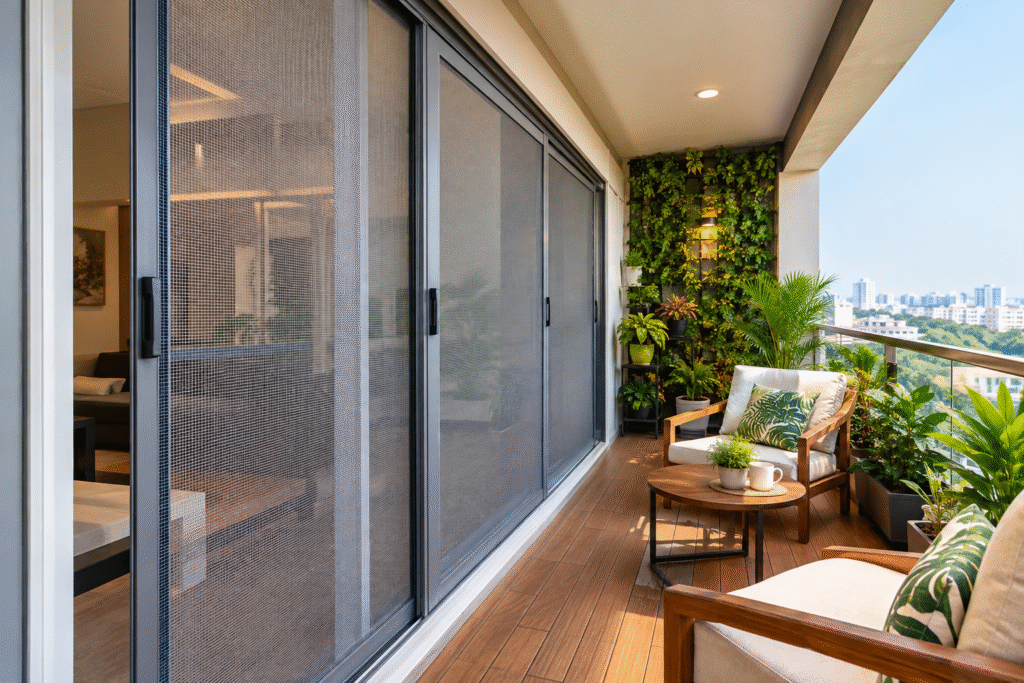 SS Sliding Mesh for Balcony Hyderabad with aluminium frame installed on a modern balcony