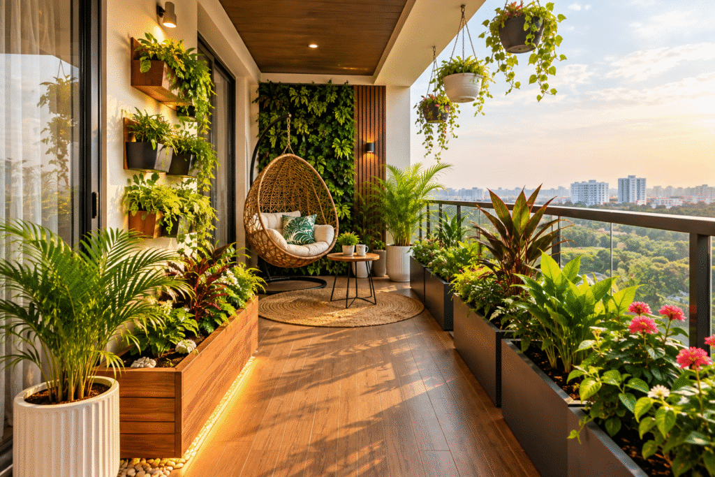 Balcony Planters Hyderabad featuring custom planters, lush greenery, and stylish outdoor balcony design