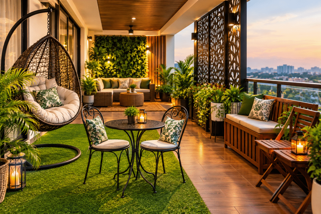 Balcony Seating Ideas Hyderabad featuring a hanging swing, rattan chairs, greenery, and stylish outdoor décor