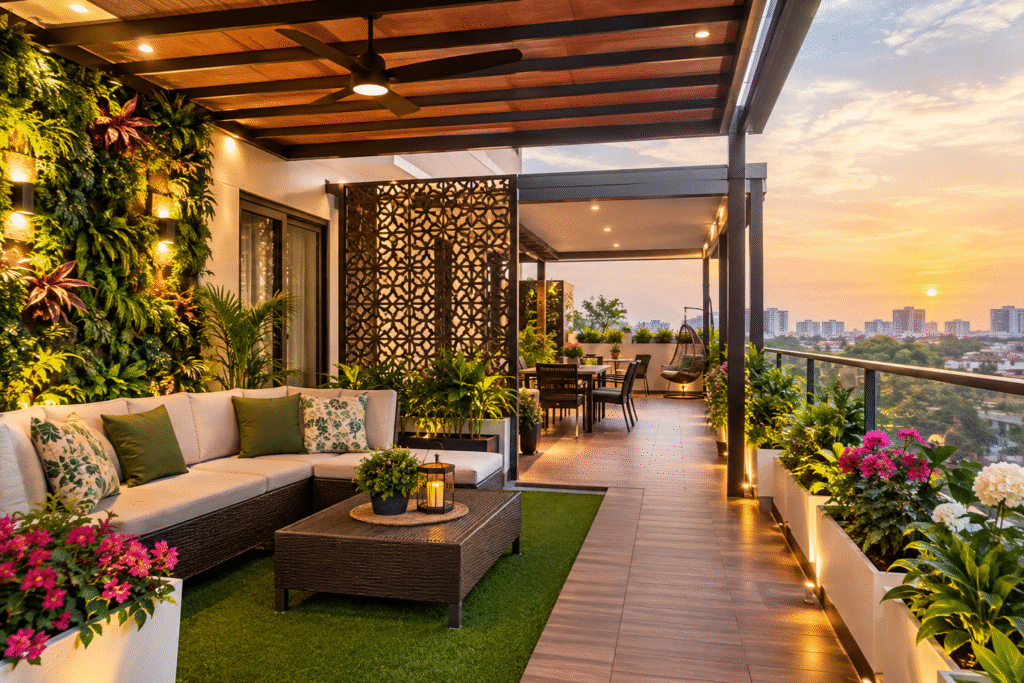 Balcony and Terrace Renovation Hyderabad featuring greenery, modern flooring, outdoor seating, and decorative privacy screens