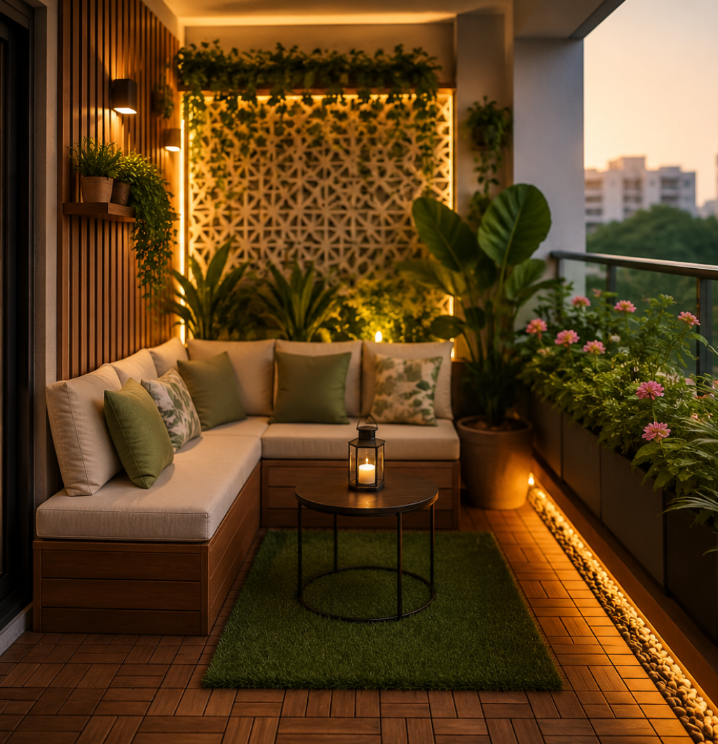 Comfortable Balcony Design with modern seating, wooden decking, greenery, and ambient lighting