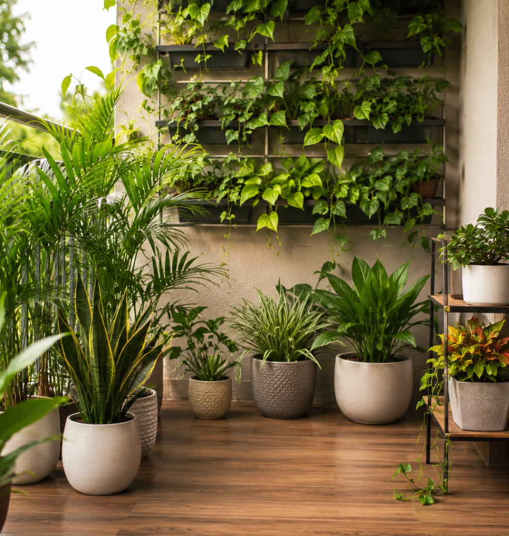 Low Maintenance Balcony Plants in a modern Hyderabad balcony garden design
